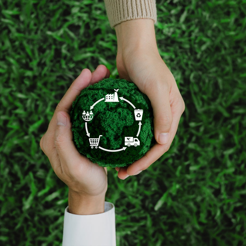 Twee handen houden een groene aardbol vast met circulaire-economie iconen, naast een CTA-blok over de levenscyclusanalyse en compliance met de EmpCo-richtlijn vanaf 27 september