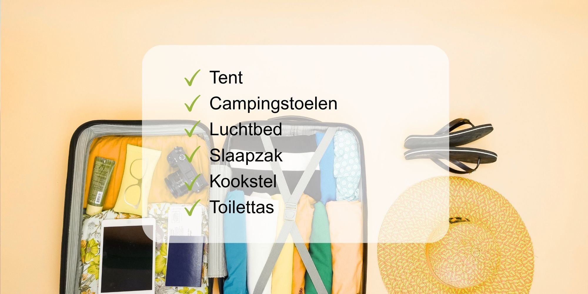 Inpaklijst voor circulaire kampeervakantie met tent, campingstoelen, luchtbed, slaapzak, kookstel en toilettas