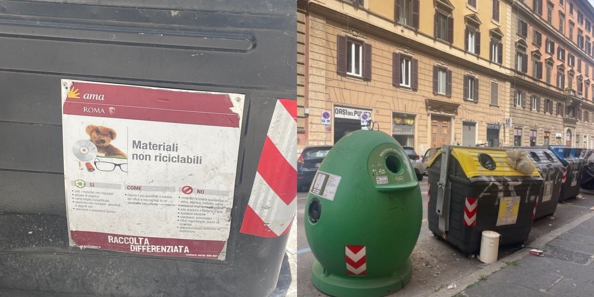 Sticker op een afvalcontainer in Rome met informatie over niet-recyclebaar afval en afvalscheiding.