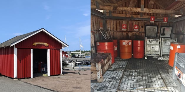 Links: de rode miljöstation aan de kade van een Zweedse jachthaven. Rechts: het interieur met gelabelde tonnen voor onder meer lysrör, spilolja en lybatterier