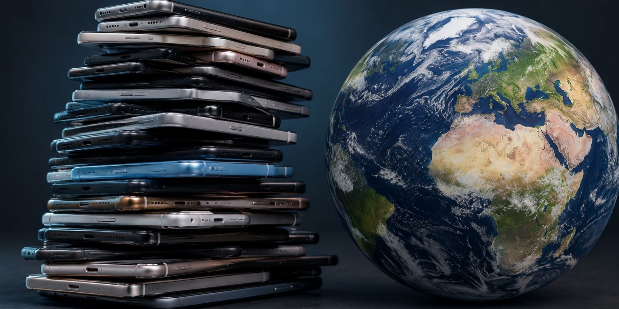 Toren van gestapelde smartphones naast een wereldbol, ter illustratie van de 5,3 miljard smartphones die jaarlijks wereldwijd in de afvalbak belanden